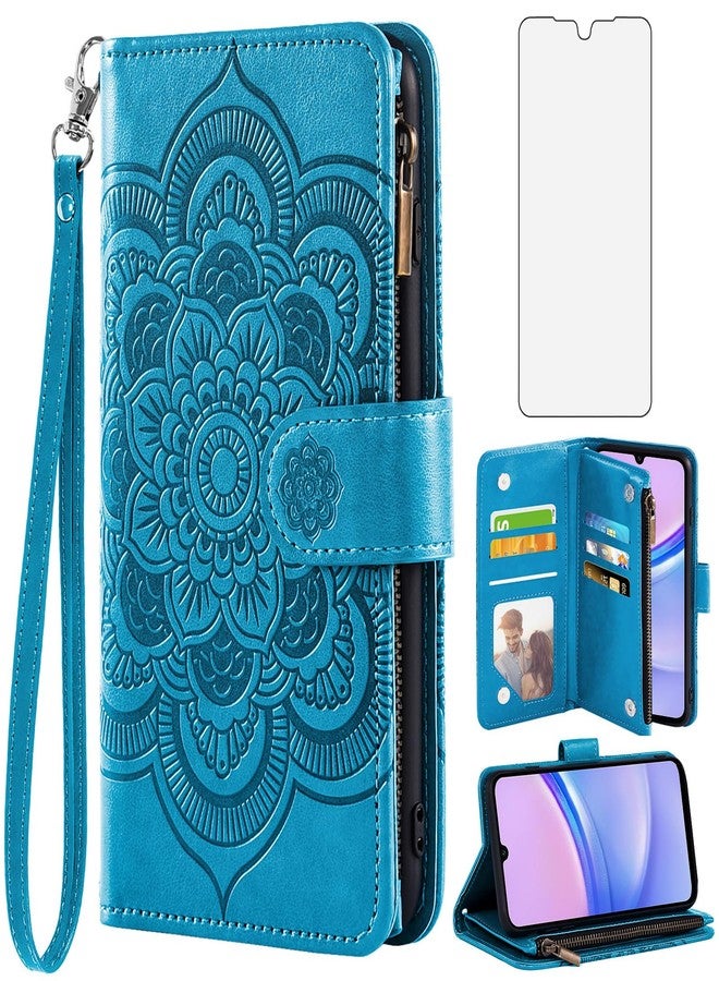 Asuwish Phone Case for Samsung Galaxy A15 5G Wallet Cover with Tempered Glass Screen Protector and Flower Leather Flip Credit Card Holder Stand Wrist Strap Cell Accessories A 15 4G 15A Women Men Blue - Image 1