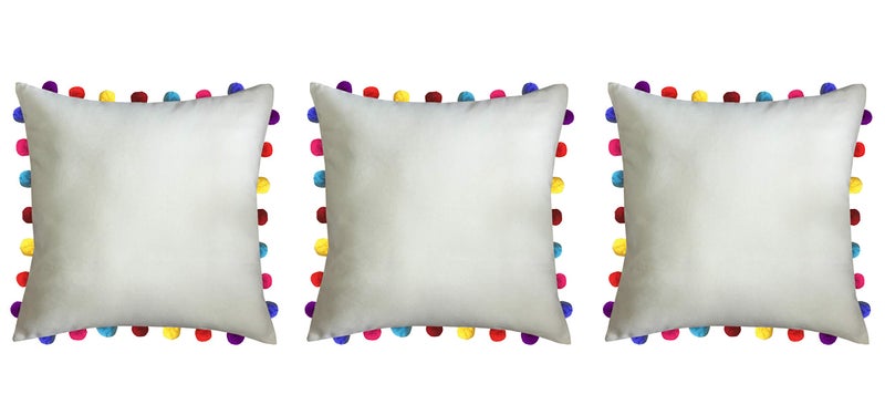 Lushomes Cushion Cover 20x20, Boho Cushion Covers, Sofa Pillow Cover, Cushion Covers with Tassels, Cushion Cover with pom pom (20x20 Inches, Set of 3,Beige) - Image 1