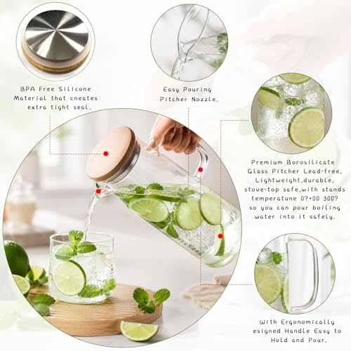hjn Glass Water Kettle Water Teapot Glasses Container 1500ml Glass Water Pitcher With Bamboo Lids - Image 3