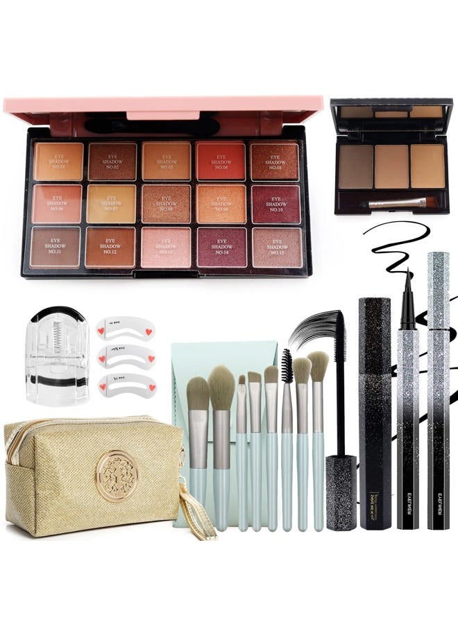 POPMISOLER All in One Makeup Kit for Women,15 Color Eye Shadow Makeup Plattete,Waterproof Eyeliner Mascara,3 Color Eyebrow Powder,Eyebrow Stencils,Eyelash Curler,8 Makeup Brushes,Gold/Black Sequin Cosmetic Bag - Image 1