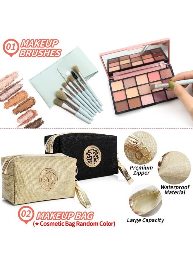 POPMISOLER All in One Makeup Kit for Women,15 Color Eye Shadow Makeup Plattete,Waterproof Eyeliner Mascara,3 Color Eyebrow Powder,Eyebrow Stencils,Eyelash Curler,8 Makeup Brushes,Gold/Black Sequin Cosmetic Bag - Image 2
