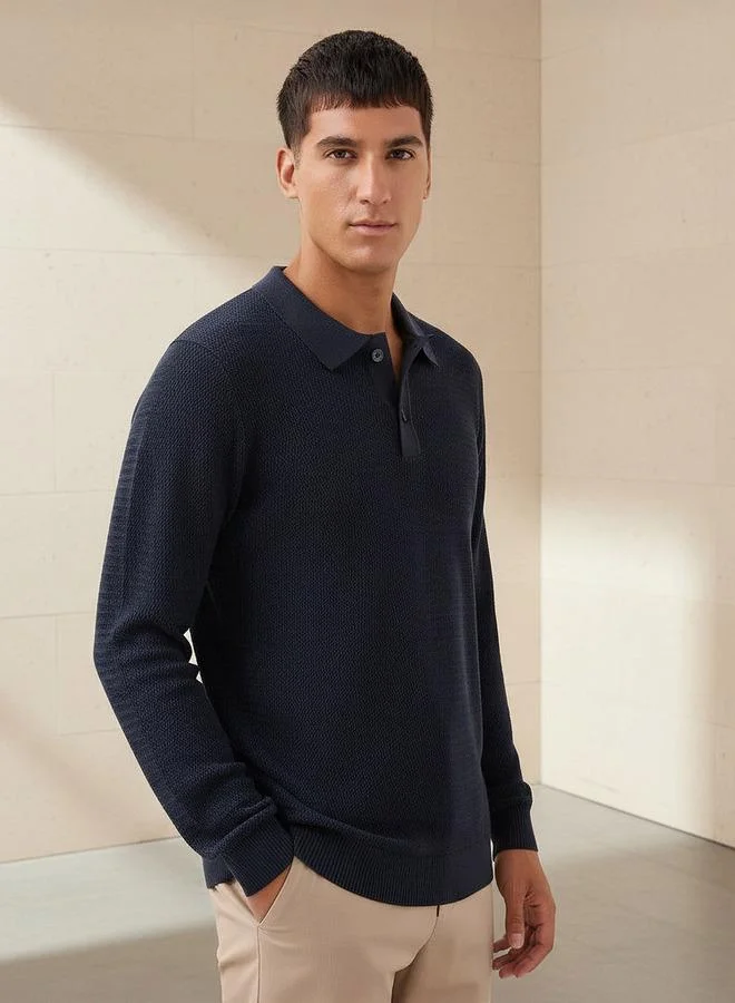Men Long Sleeves Knit Textured Polo T shirt