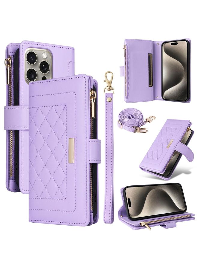 erorex Case For iPhone 15 Pro Max Crossbody Zipper Wallet Rhombus Leather Phone Case - Image 1