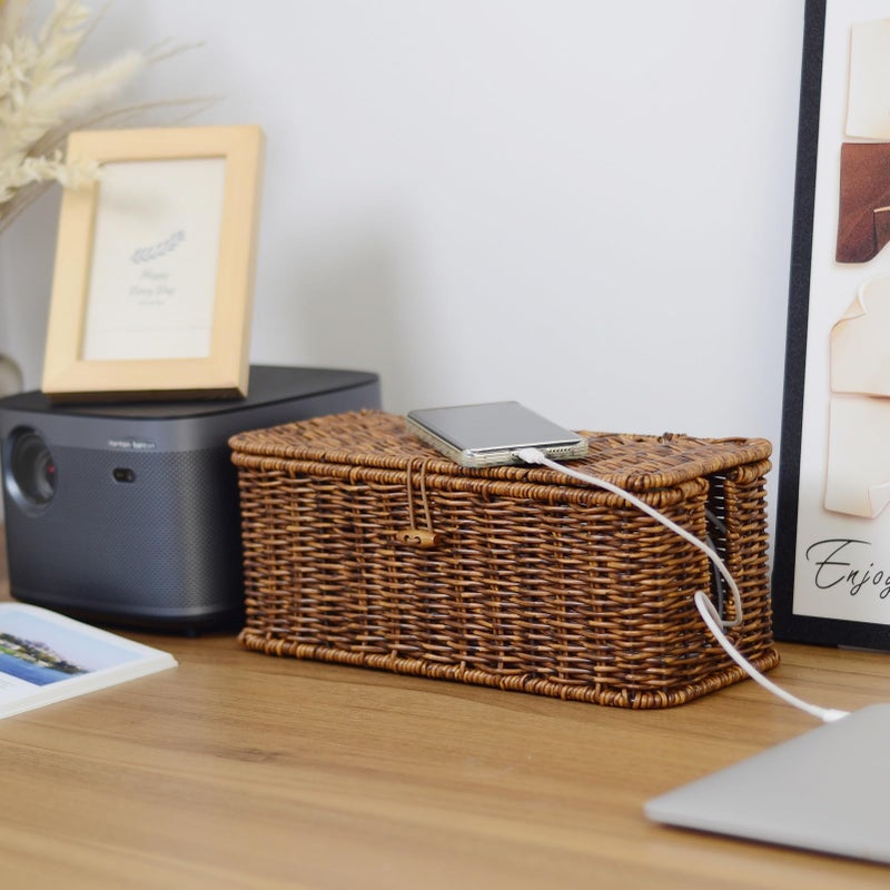 BROWNLILY Rattan Wire Storage Box, Handmade Cord Organizer for Desk Cord Hider Outlet Covers Baby Proofing for Power Strip TV PC Router Charger Under Desk Cable Management Box - Image 5