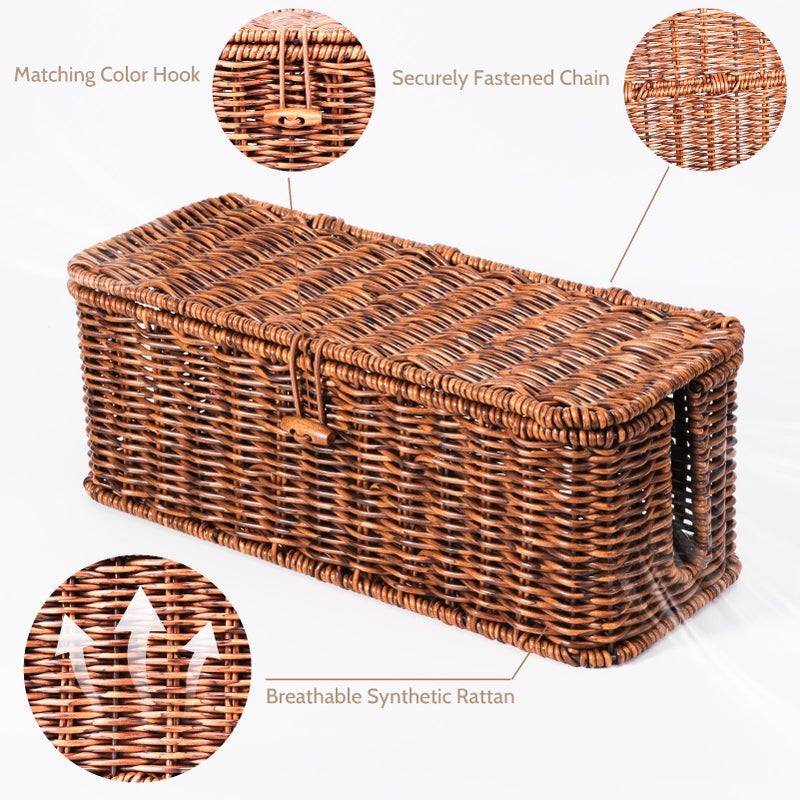BROWNLILY Rattan Wire Storage Box, Handmade Cord Organizer for Desk Cord Hider Outlet Covers Baby Proofing for Power Strip TV PC Router Charger Under Desk Cable Management Box - Image 2