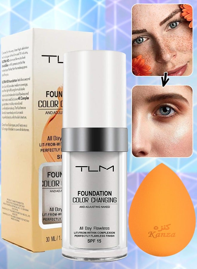 TLM Color Changing Liquid Foundation with Makeup Sponge Oil Control Face Cover Concealer Natural Color Face Primer Base Face Cream Concealer Cover Cream Moisturizing Liquid Foundation 30ml - Image 1