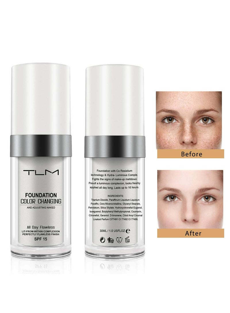 TLM Color Changing Liquid Foundation with Makeup Sponge Oil Control Face Cover Concealer Natural Color Face Primer Base Face Cream Concealer Cover Cream Moisturizing Liquid Foundation 30ml - Image 2
