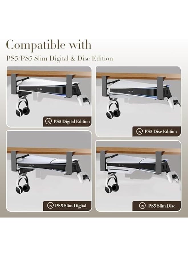 No-Drill PS5/PS5 Pro/PS5 Slim Under Desk Mount, Durable Metal Holder for Digital & Disc Versions with Clamp, EVA Foam & Accessories Storage, Space-Saving Under Desk PS5 Mount for Gamers - Image 4