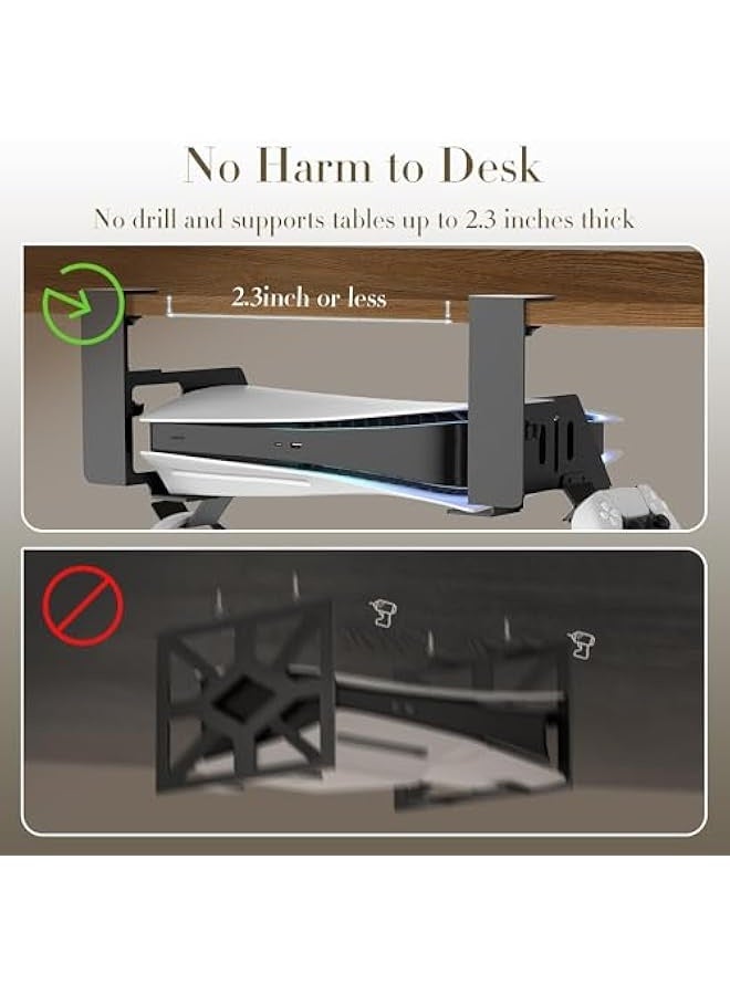 No-Drill PS5/PS5 Pro/PS5 Slim Under Desk Mount, Durable Metal Holder for Digital & Disc Versions with Clamp, EVA Foam & Accessories Storage, Space-Saving Under Desk PS5 Mount for Gamers - Image 2
