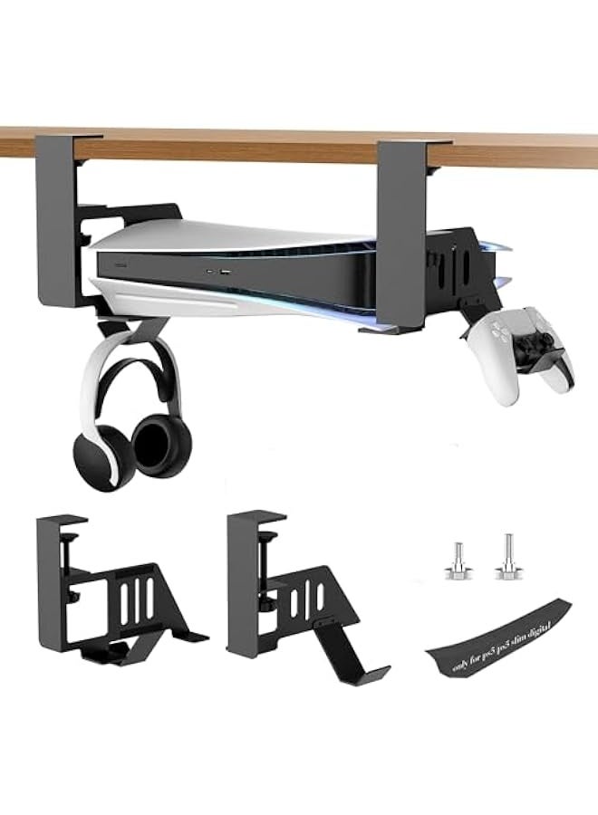 No-Drill PS5/PS5 Pro/PS5 Slim Under Desk Mount, Durable Metal Holder for Digital & Disc Versions with Clamp, EVA Foam & Accessories Storage, Space-Saving Under Desk PS5 Mount for Gamers - Image 1