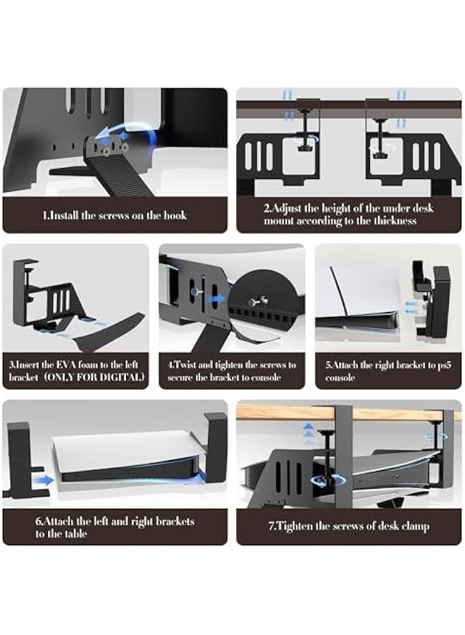 No-Drill PS5/PS5 Pro/PS5 Slim Under Desk Mount, Durable Metal Holder for Digital & Disc Versions with Clamp, EVA Foam & Accessories Storage, Space-Saving Under Desk PS5 Mount for Gamers - Image 5