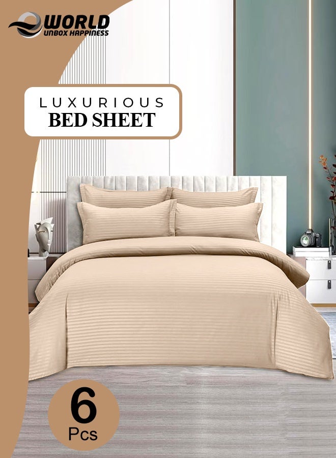 Eworld 6-Piece Premium King Size Bedding Set, Cream Striped Design and High-Quality Cotton Hotel Luxury Bedsheet, Soft Quilt Cover and Pillowcases - Image 1