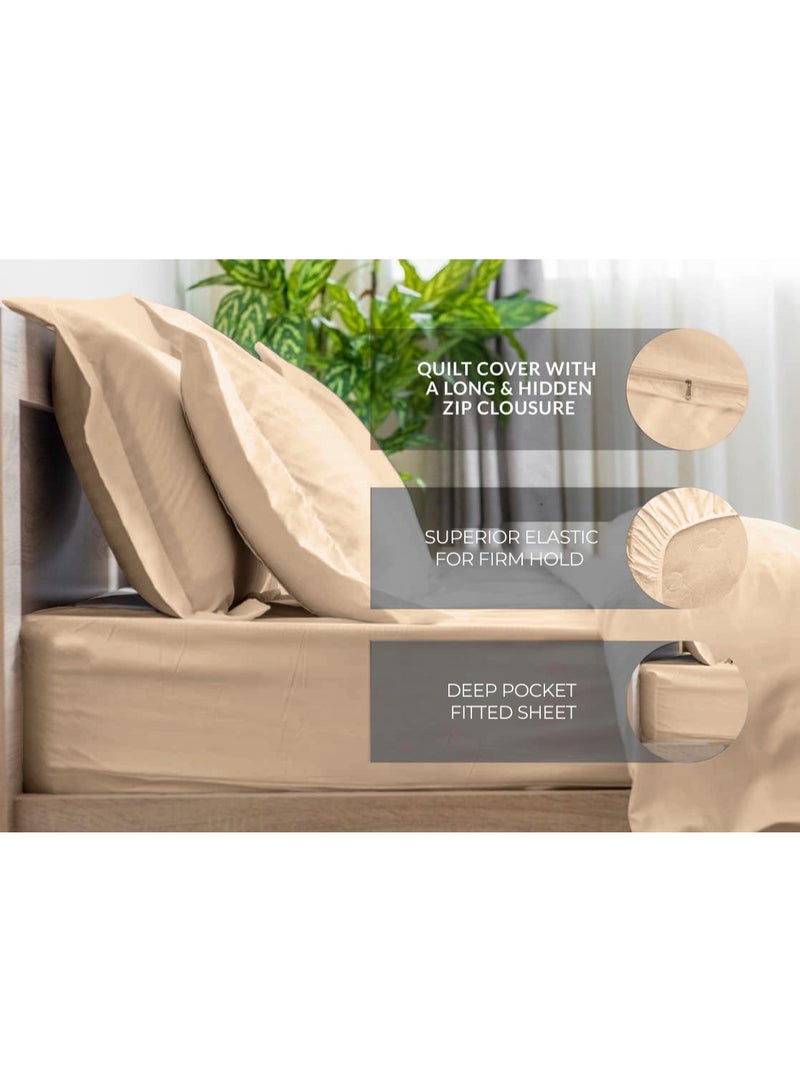 Eworld 6-Piece Premium King Size Bedding Set, Cream Striped Design and High-Quality Cotton Hotel Luxury Bedsheet, Soft Quilt Cover and Pillowcases - Image 2