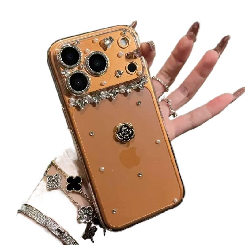 PC Protective Case for iPhone 15 / 15 Plus / 15 Pro / 15 Pro Max with Drop Protection and Sparkling Diamond Beads plus Shockproof plus Camellia Flower Pattern in Clear - Image 4