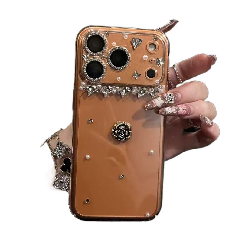 PC Protective Case for iPhone 15 / 15 Plus / 15 Pro / 15 Pro Max with Drop Protection and Sparkling Diamond Beads plus Shockproof plus Camellia Flower Pattern in Clear - Image 2