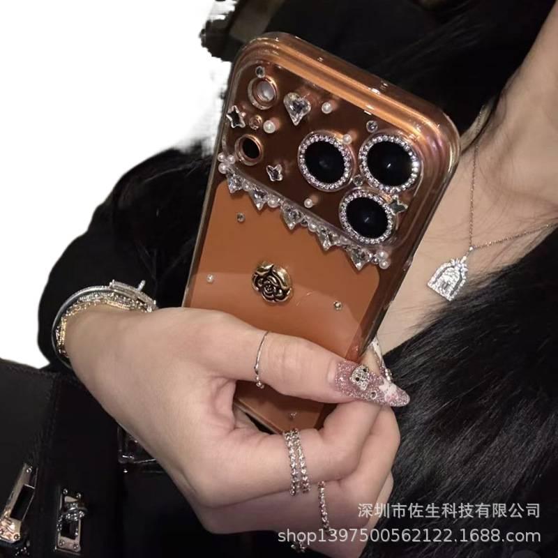 PC Protective Case for iPhone 15 / 15 Plus / 15 Pro / 15 Pro Max with Drop Protection and Sparkling Diamond Beads plus Shockproof plus Camellia Flower Pattern in Clear - Image 3