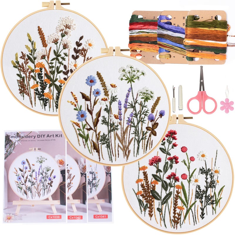 COCOMOX 3 Sets Embroidery Practice Kits, Flower Pattern Embroidery Kit for Beginners Adults, Hand Embroidery Kit, Easy to Follow Instruction and Video - Image 1