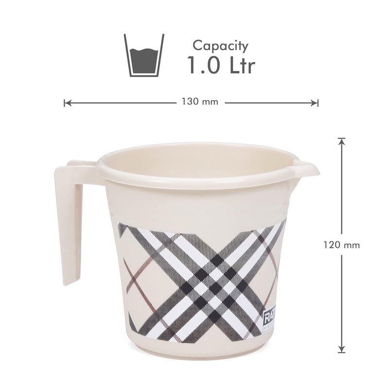 RATAN PLASTICWARE Pack of 5 Bathroom Full Set Combo 18L Bucket X 2 1L Mug X 2 Nova Patla Stool 107 X 1 Bath Sets for Home Kitchen Frosty Checks Print Beige - Image 3