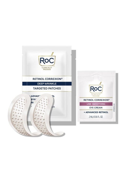 Retinol Correxion Deep Wrinkle Non-Invasive Targeted Patches with Hyaluronic Acid + Firming Peptides for Forehead, 11 Lines, Crow's Feet and Laugh Lines, (6 Patches) with Retinol Eye Packette