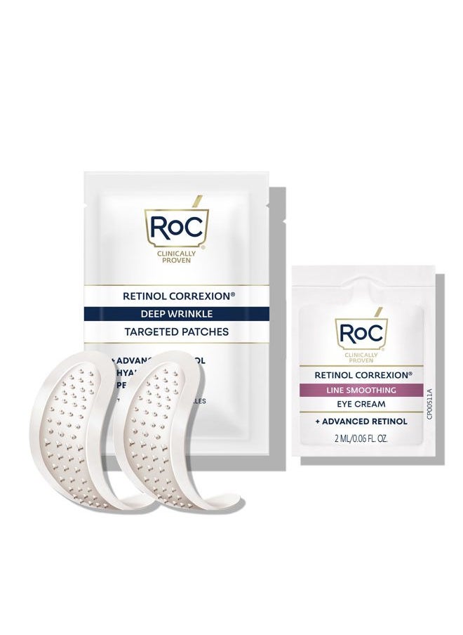 Retinol Correxion Deep Wrinkle Non-Invasive Targeted Patches with Hyaluronic Acid + Firming Peptides for Forehead, 11 Lines, Crow's Feet and Laugh Lines, (6 Patches) with Retinol Eye Packette