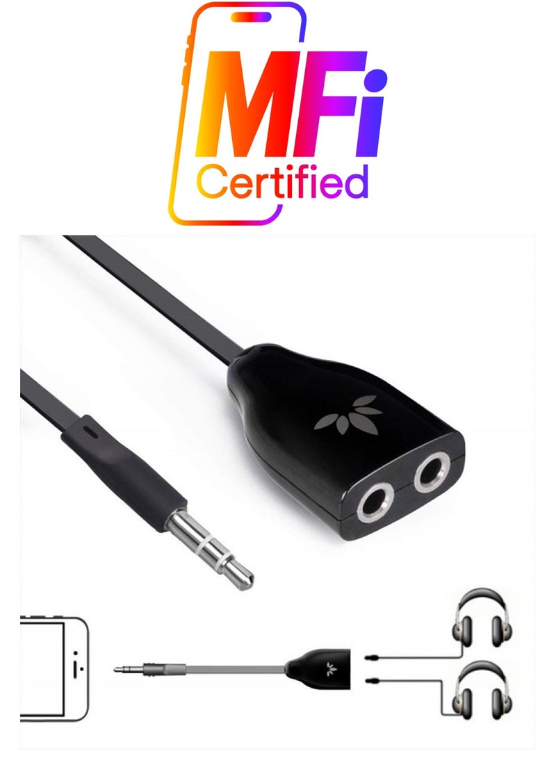 Avantree TR302 Two Way 3.5mm Dual Headphone Jack Splitter, AUX Stereo Earphone Earbuds Y Audio Split Adapter Cable, Compatible with iPhone, Samsung Phones and Tablets - Black - Image 1