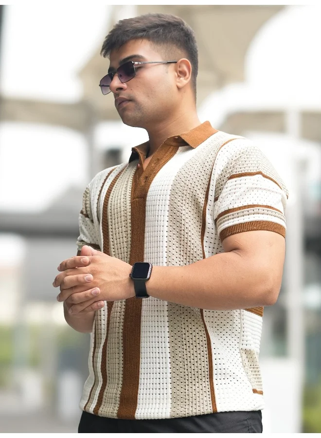 Maniac Maniac Mens Half Sleeve Beige 3 Inch Stripe Flat Knit Cotton Polo T-Shirt