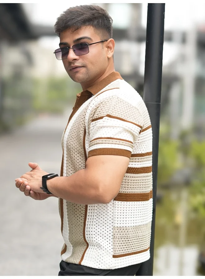 Maniac  Maniac Mens half sleeve beige 3 inch stripe flat knit cotton polo t-shirt for Men | Best Price UAE