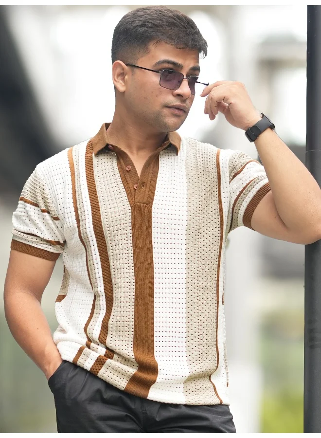 Maniac Maniac Mens Half Sleeve Beige 3 Inch Stripe Flat Knit Cotton Polo T-Shirt