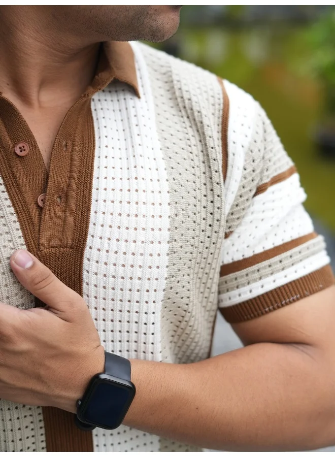 Maniac  Maniac Mens half sleeve beige 3 inch stripe flat knit cotton polo t-shirt for Men | Best Price UAE