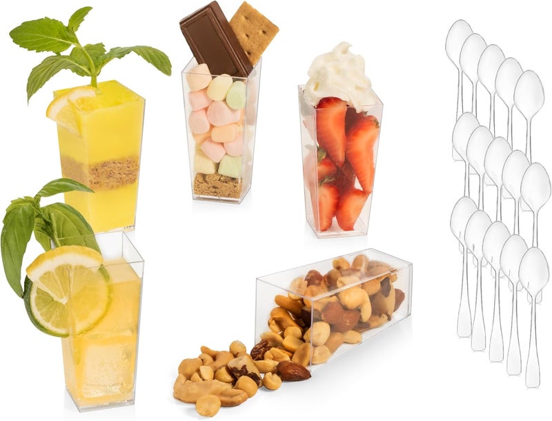 LSR LORESO 96 Pcs Tall Square Clear Plastic Dessert Cup with Spoons 3 oz  Mini Trifle Bowl Tumbler Cups for Dessert Appetizer Tasting and Small Portions  Reusable 96CT - Image 1