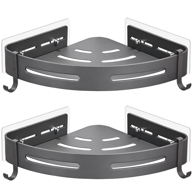 SHOWER SHELF CORNER NO DRILLING ADHESIVE BATHROOM SHELVES ALUMINIUM SHOWER CADDY BASKET WALL MOUNTED SHOWER STORAGE FOR KITCHEN BATHROOM ORGANISER MATT GREY 2 PACK