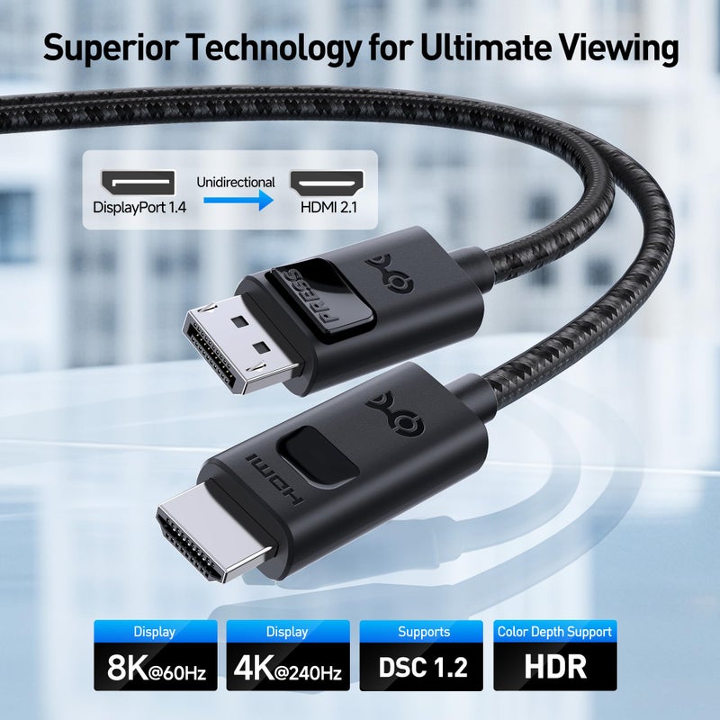 Cable Matters Uni-Directional 8K DisplayPort to HDMI 2.1 Cable - 6ft, with 4K 240Hz / 8K 60Hz, Display Port to HDMI 2.1 Cable, Supports RTX4080, RX7900, Not Work with PS5/Xbox, No VRR Support - Image 2