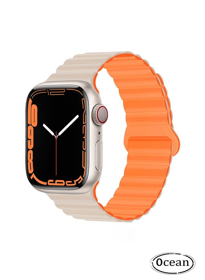 Suitable for Apple Watch Strap 41mm 40mm 38mm Waterproof Soft Silicone Integrated Double Side Magnetic Sports Strap Compatible with iWatch Series 8/7/6/5/4/3/2/1/SE (White/Orange) - Image 1