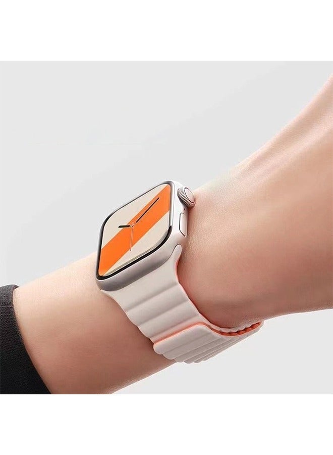 Suitable for Apple Watch Strap 41mm 40mm 38mm Waterproof Soft Silicone Integrated Double Side Magnetic Sports Strap Compatible with iWatch Series 8/7/6/5/4/3/2/1/SE (White/Orange) - Image 4