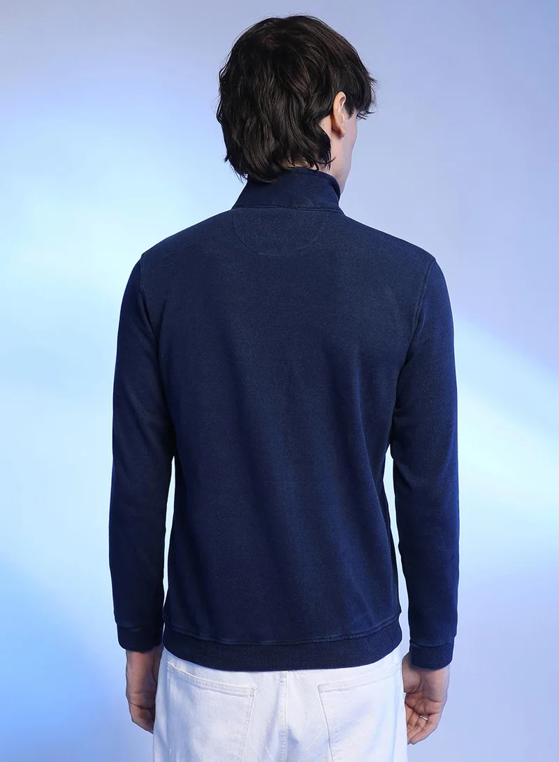 كامبوس سوترا Men's Navy Blue Zip-Front Dark-Wash Denim Jacket