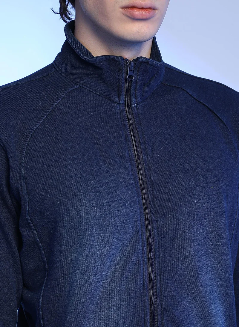 كامبوس سوترا Men's Navy Blue Zip-Front Dark-Wash Denim Jacket