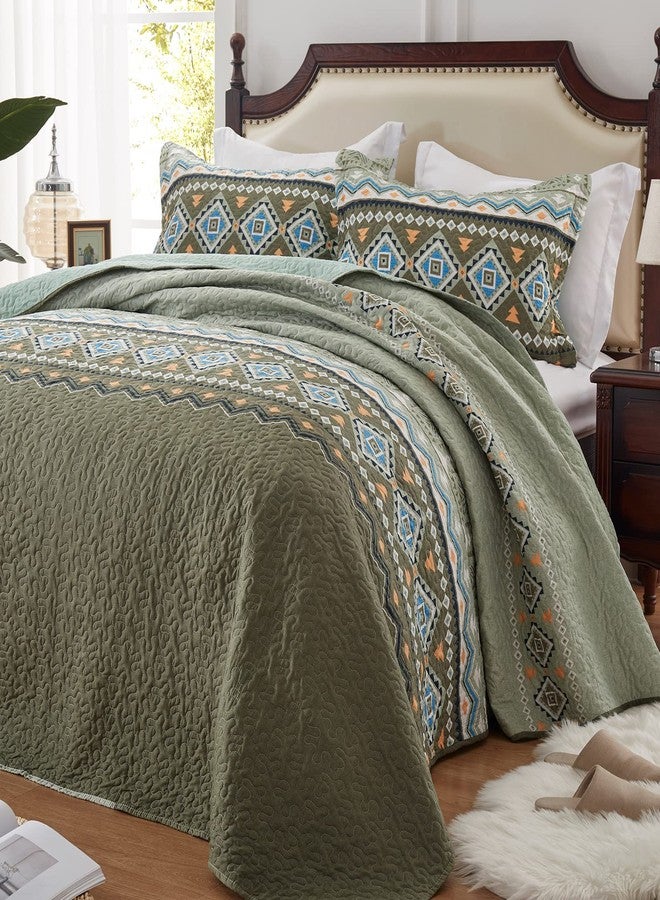LEAONME 2 Pieces Twin Size Quilt Set Olive Green Bohemian Bedspread Coverlet Lightweight Microfiber Bedding Set 68x86 Inch Bed Cover for All Seasons (1 Quilt, 1 Pillow Sham) - Image 1