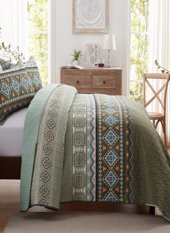 LEAONME 2 Pieces Twin Size Quilt Set Olive Green Bohemian Bedspread Coverlet Lightweight Microfiber Bedding Set 68x86 Inch Bed Cover for All Seasons (1 Quilt, 1 Pillow Sham) - Image 3