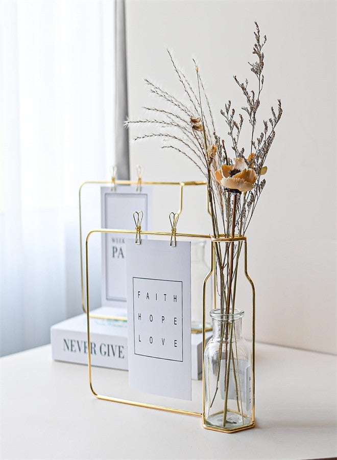 KASTWAVE 2 قطع مزهرية زجاجية مع إطار صورة معدني ذهبي، مزهريات زهور بإطار معدني واضحة لمزارع النباتات المائية لتزيين غرفة المعيشة وغرفة النوم بتصميم حديث بسيط كلاسيكي وإبداعي لتزيين المكتب والمنزل - Image 5