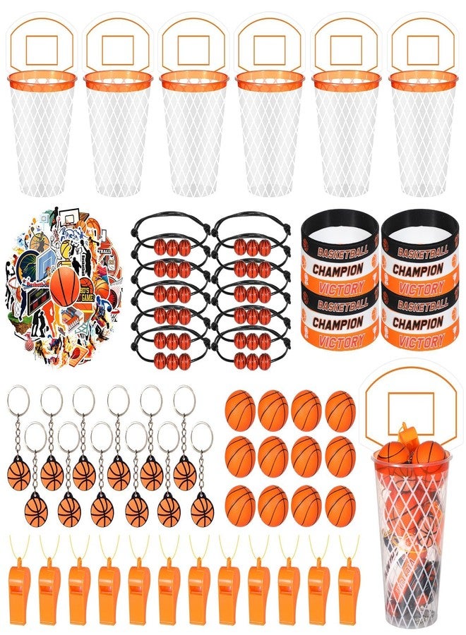 Oitnlaughter 154PCS Basketball Party Favors Basketball Themed Birthday Party Supply Include Basketballs Cups Keychains Silicone Bracelets Mini Basketballs Whistles Stickers Tags for Sport Themed Birthday Decors - Image 1