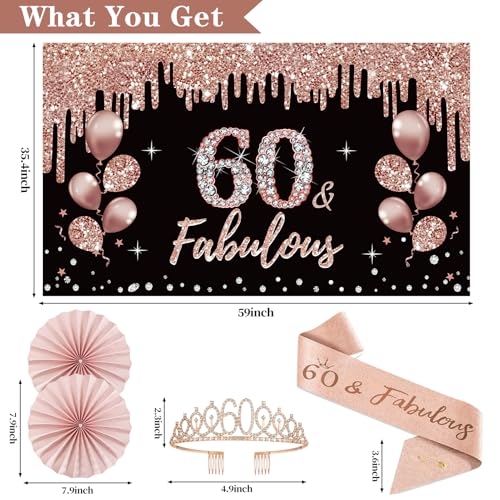 Uiorgui 60th Birthday Decorations for Women, 33pcs Black Rose Gold Happy 60th Birthday Banner Crown and Sash Balloons Backdrop Hanging Swirls Paper Fans, 60 Years Old Party Supplies Kit - Image 3