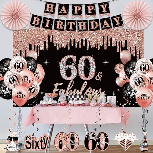 Uiorgui 60th Birthday Decorations for Women, 33pcs Black Rose Gold Happy 60th Birthday Banner Crown and Sash Balloons Backdrop Hanging Swirls Paper Fans, 60 Years Old Party Supplies Kit - Image 5