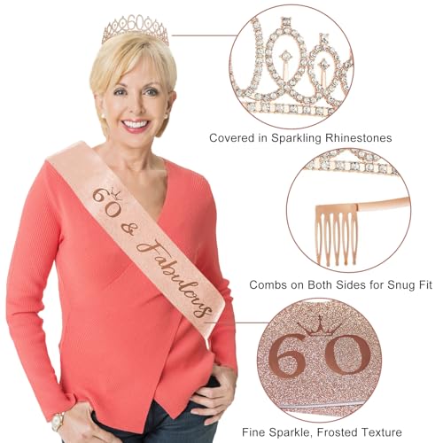 Uiorgui 60th Birthday Decorations for Women, 33pcs Black Rose Gold Happy 60th Birthday Banner Crown and Sash Balloons Backdrop Hanging Swirls Paper Fans, 60 Years Old Party Supplies Kit - Image 4