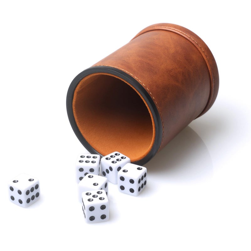 RERIVER Brown PU Leather Dice Cup Set Felt Lined Dice Shaker with 6 Dice for Liars Farkle Yahtzee Game - Image 3