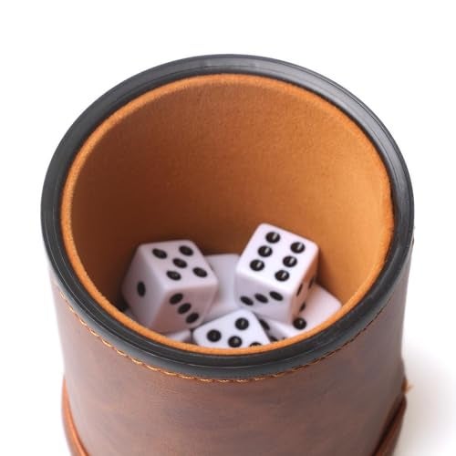 RERIVER Brown PU Leather Dice Cup Set Felt Lined Dice Shaker with 6 Dice for Liars Farkle Yahtzee Game - Image 5
