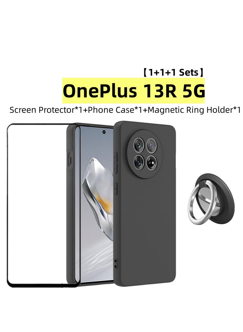 【1+1+1 Sets】for OnePlus 13R 5G Case & Screen Protector & Magnetic Ring Holder Frosted Pudding Material TPU Cover with Tempered Glass Screen Protector,Ring Holder Suitable for Car Magnetic Attraction  - Image 1