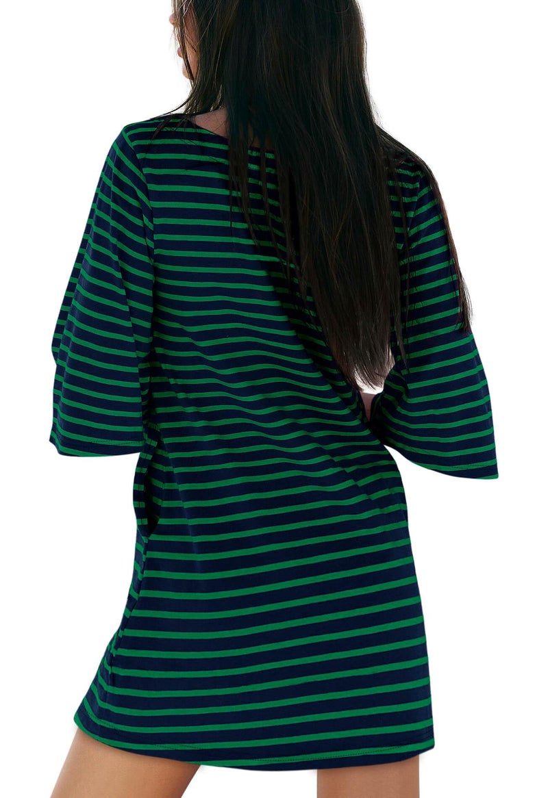 Yousify Green and Navy Striped Dress with Pockets Short Sleeve Tee Shirt Dresses for Women 2026 Mini Cotton Dress - Image 4