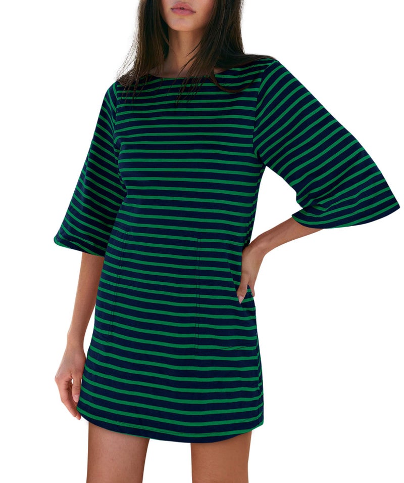 Yousify Green and Navy Striped Dress with Pockets Short Sleeve Tee Shirt Dresses for Women 2026 Mini Cotton Dress - Image 2