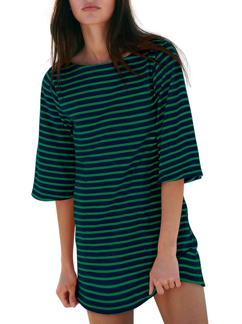 Yousify Green and Navy Striped Dress with Pockets Short Sleeve Tee Shirt Dresses for Women 2026 Mini Cotton Dress - Image 1