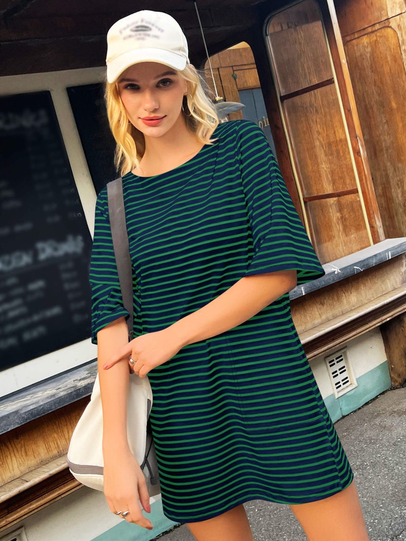 Yousify Green and Navy Striped Dress with Pockets Short Sleeve Tee Shirt Dresses for Women 2026 Mini Cotton Dress - Image 3